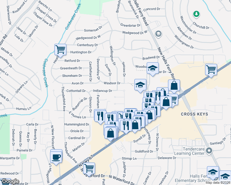 map of restaurants, bars, coffee shops, grocery stores, and more near 2464 Indiancup Drive in Florissant