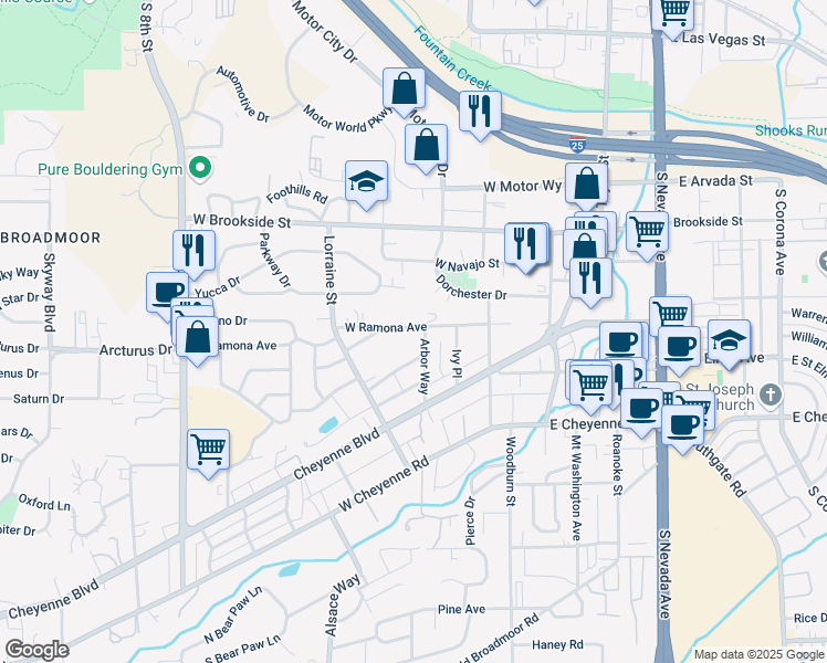 map of restaurants, bars, coffee shops, grocery stores, and more near 209 West Ramona Avenue in Colorado Springs
