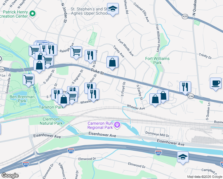 map of restaurants, bars, coffee shops, grocery stores, and more near 30 South French Street in Alexandria