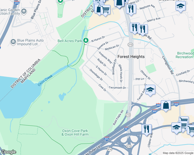 map of restaurants, bars, coffee shops, grocery stores, and more near 126 Onondaga Drive in Oxon Hill