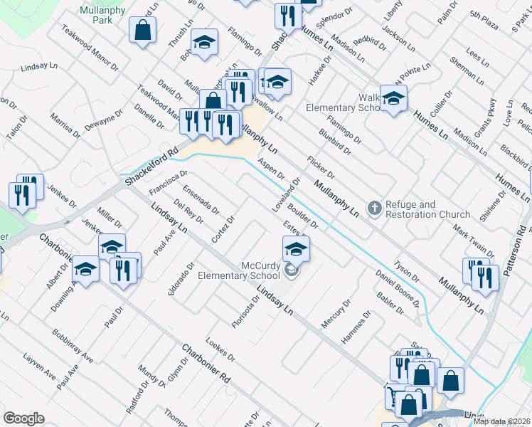 map of restaurants, bars, coffee shops, grocery stores, and more near 24 Olvera Circle in Florissant