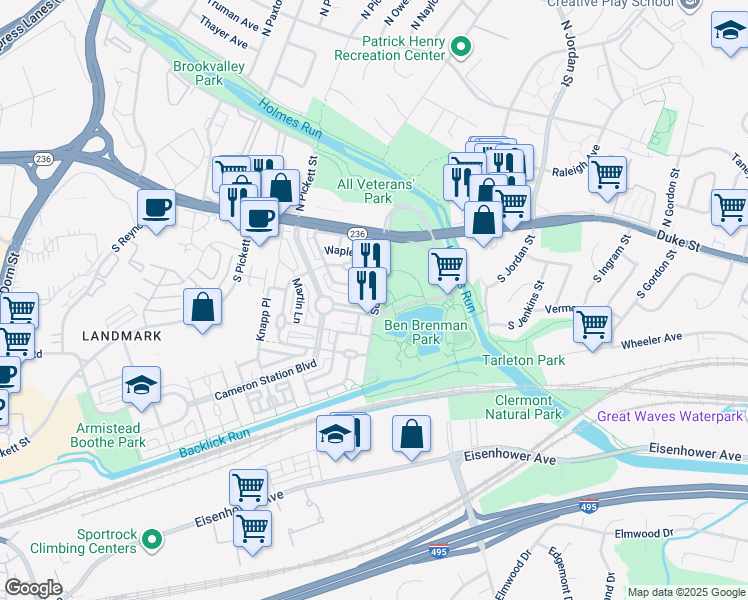 map of restaurants, bars, coffee shops, grocery stores, and more near 171 Somervelle Street in Alexandria