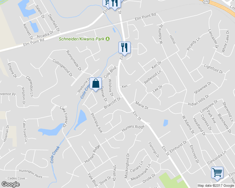 map of restaurants, bars, coffee shops, grocery stores, and more near 3333 Elm Street in Saint Charles