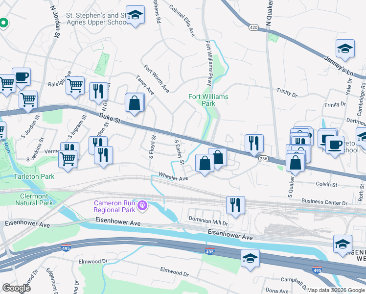 map of restaurants, bars, coffee shops, grocery stores, and more near 3820 Usher Court in Alexandria