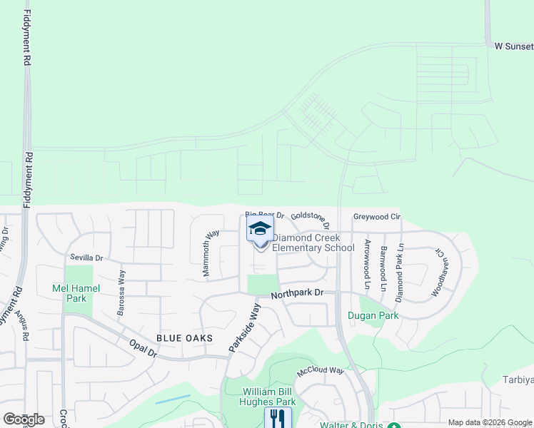 map of restaurants, bars, coffee shops, grocery stores, and more near 3220 Big Bear Drive in Roseville