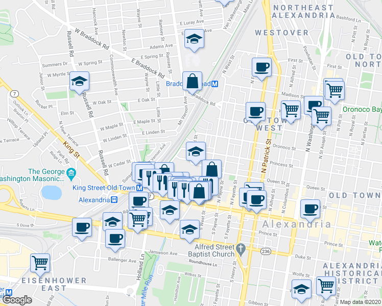 map of restaurants, bars, coffee shops, grocery stores, and more near 1600 Princess Street in Alexandria