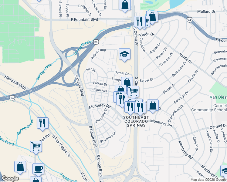map of restaurants, bars, coffee shops, grocery stores, and more near 2472 Gilpin Avenue in Colorado Springs