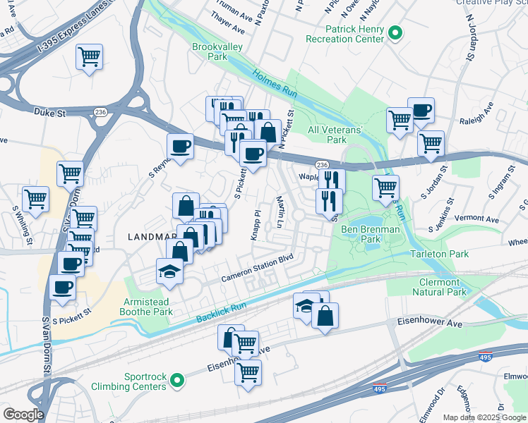 map of restaurants, bars, coffee shops, grocery stores, and more near 5116 Donovan Drive in Alexandria