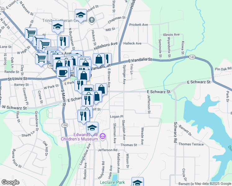 map of restaurants, bars, coffee shops, grocery stores, and more near 516 East Schwarz Street in Edwardsville