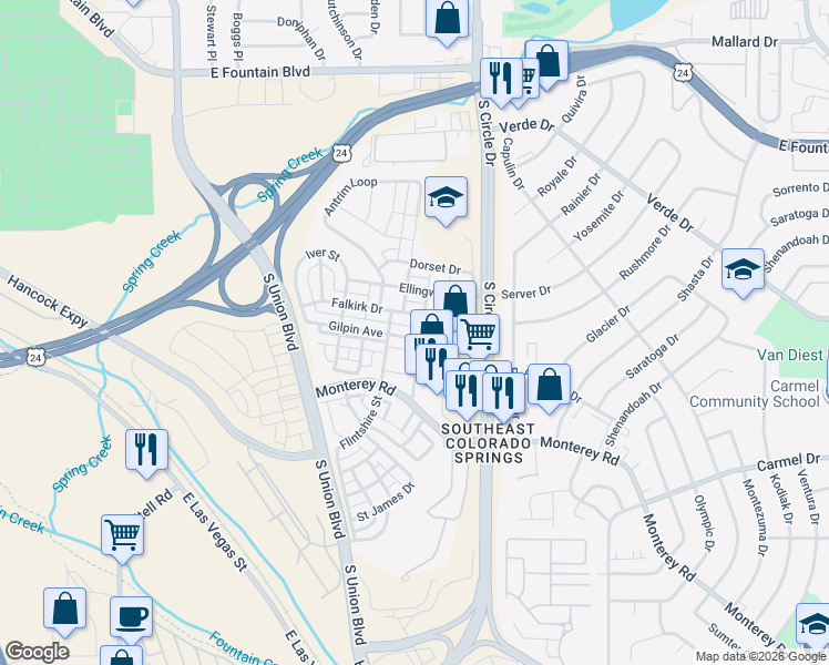 map of restaurants, bars, coffee shops, grocery stores, and more near 2536 Gilpin Avenue in Colorado Springs