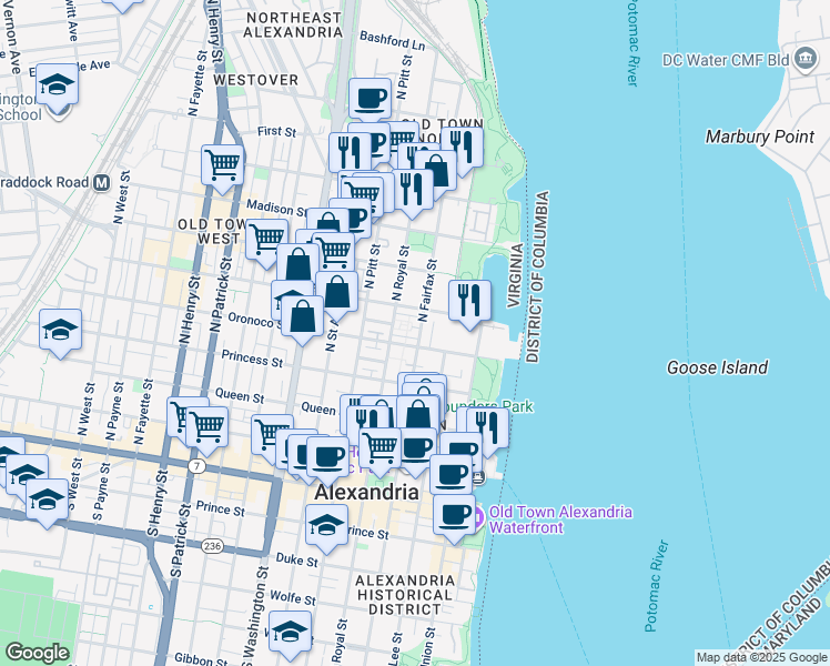map of restaurants, bars, coffee shops, grocery stores, and more near 300 Hopkins Court in Alexandria