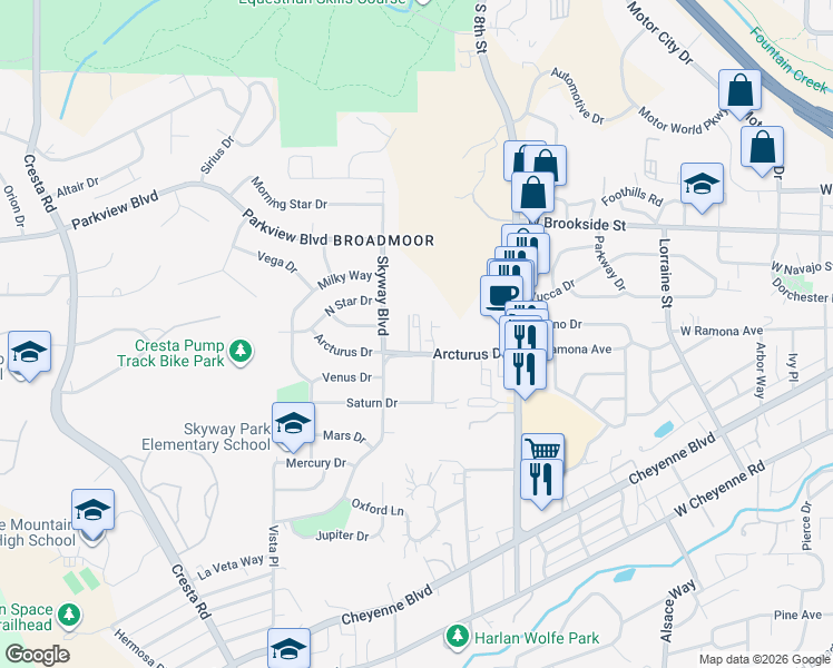 map of restaurants, bars, coffee shops, grocery stores, and more near 956 Tabor Place in Colorado Springs