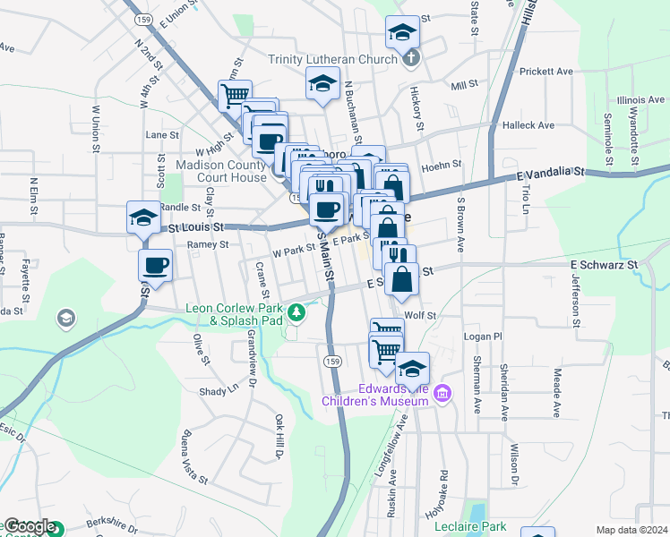 map of restaurants, bars, coffee shops, grocery stores, and more near 226 South Main Street in Edwardsville