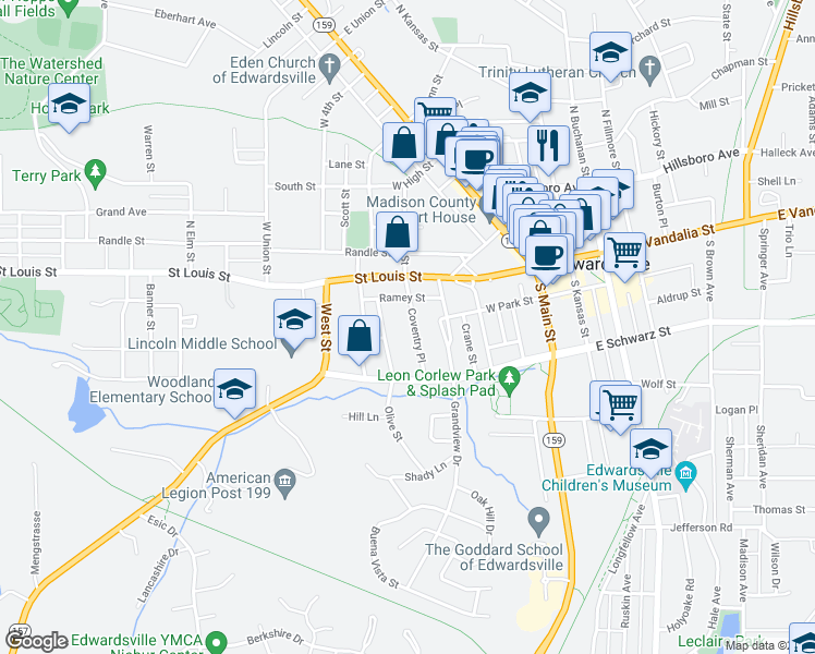 map of restaurants, bars, coffee shops, grocery stores, and more near 223 Coventry Place in Edwardsville