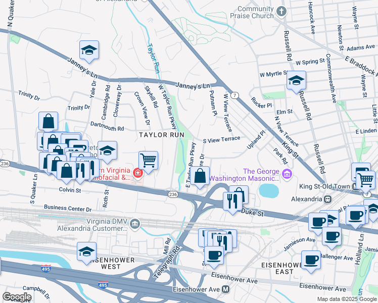 map of restaurants, bars, coffee shops, grocery stores, and more near 204 East Taylor Run Parkway in Alexandria