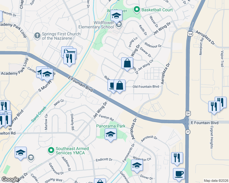 map of restaurants, bars, coffee shops, grocery stores, and more near 1645 Jet Wing Drive in Colorado Springs