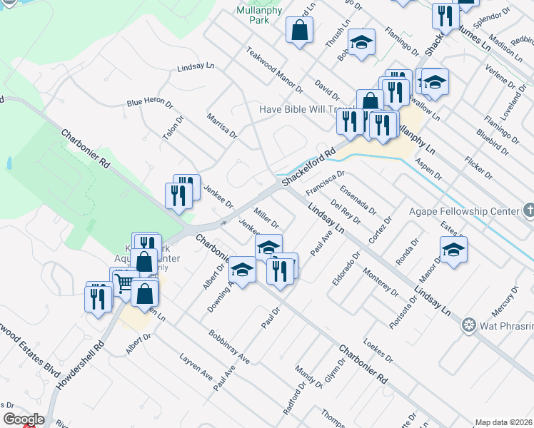 map of restaurants, bars, coffee shops, grocery stores, and more near 1525 Miller Drive in Florissant