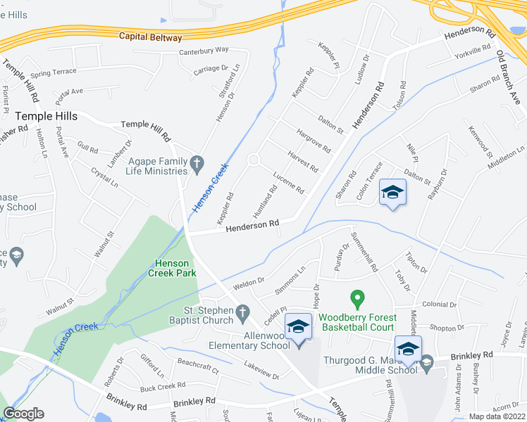 map of restaurants, bars, coffee shops, grocery stores, and more near 5802 Huntland Road in Temple Hills