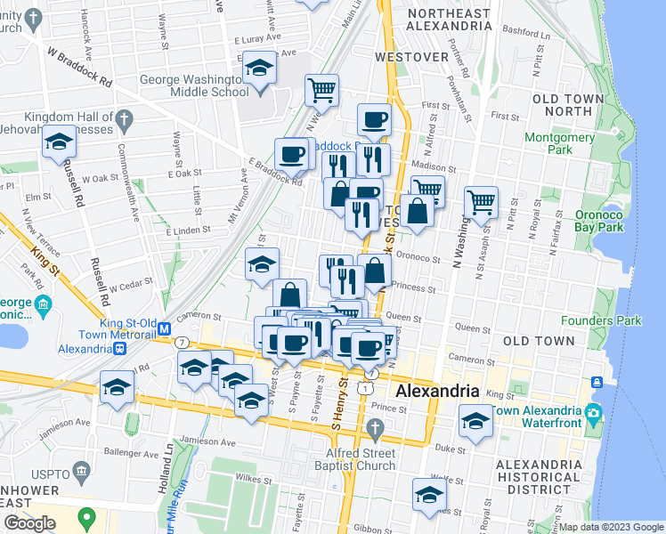map of restaurants, bars, coffee shops, grocery stores, and more near 406 North Fayette Street in Alexandria