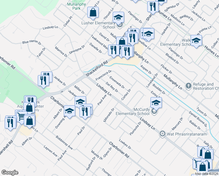 map of restaurants, bars, coffee shops, grocery stores, and more near 1320 Del Rey Drive in Florissant