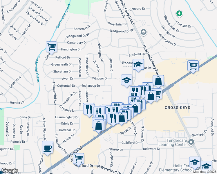 map of restaurants, bars, coffee shops, grocery stores, and more near 2464 Indiancup Drive in Florissant