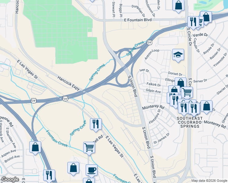 map of restaurants, bars, coffee shops, grocery stores, and more near 1615 Derbyshire Street in Colorado Springs