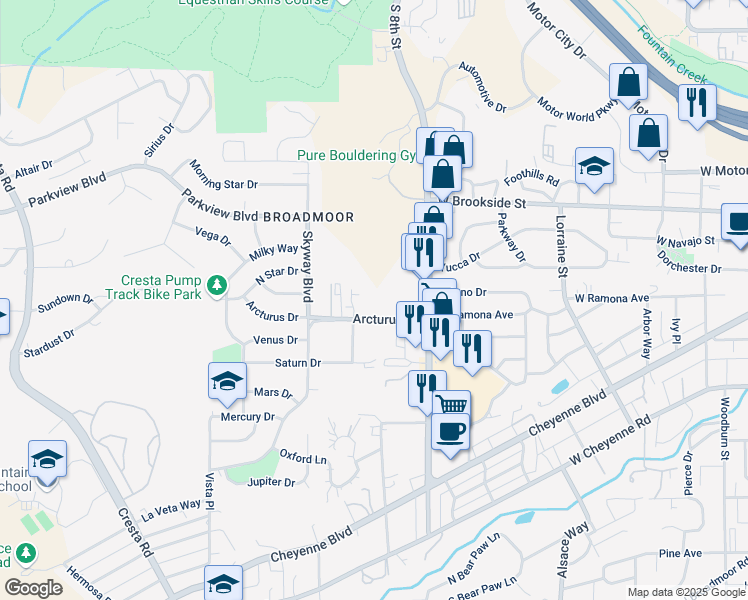 map of restaurants, bars, coffee shops, grocery stores, and more near 830 Arcturus Drive in Colorado Springs