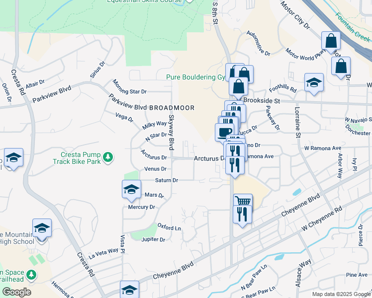 map of restaurants, bars, coffee shops, grocery stores, and more near 956 Tabor Place in Colorado Springs