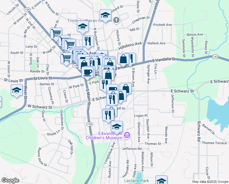 map of restaurants, bars, coffee shops, grocery stores, and more near 246 South Buchanan Street in Edwardsville