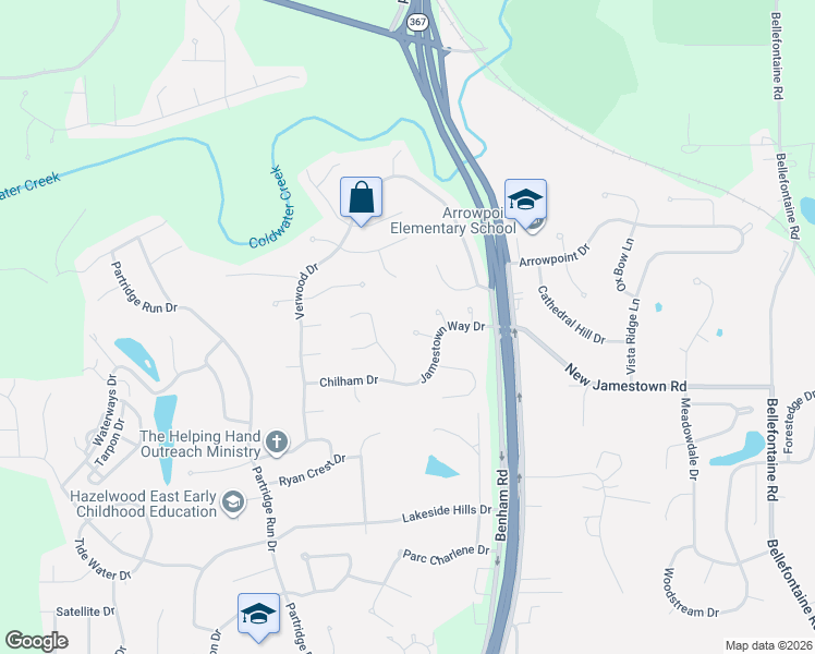 map of restaurants, bars, coffee shops, grocery stores, and more near 6913 Glenvale Court in Florissant