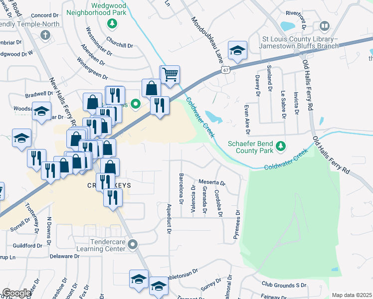 map of restaurants, bars, coffee shops, grocery stores, and more near 2235 Barcelona Drive in Florissant
