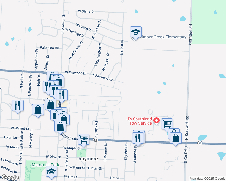 map of restaurants, bars, coffee shops, grocery stores, and more near 209 East Foxwood Drive in Raymore