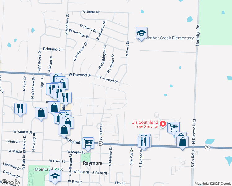 map of restaurants, bars, coffee shops, grocery stores, and more near 209 East Foxwood Drive in Raymore