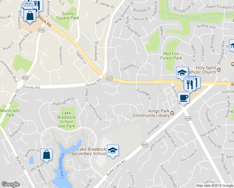 map of restaurants, bars, coffee shops, grocery stores, and more near 5217 Capon Hill Place in Burke