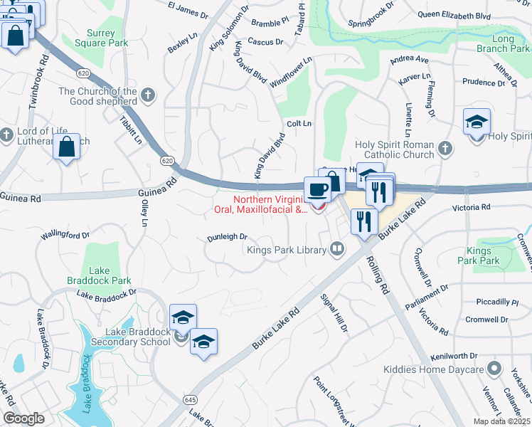 map of restaurants, bars, coffee shops, grocery stores, and more near 5210A Dunleigh Drive in Burke