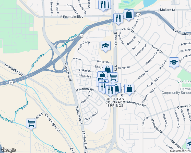 map of restaurants, bars, coffee shops, grocery stores, and more near 2456 Gilpin Avenue in Colorado Springs