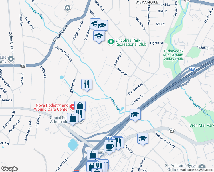 map of restaurants, bars, coffee shops, grocery stores, and more near 5229 Ampthill Drive in Alexandria