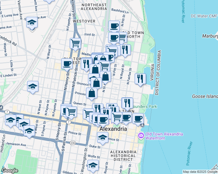 map of restaurants, bars, coffee shops, grocery stores, and more near 509 Oronoco Street in Alexandria