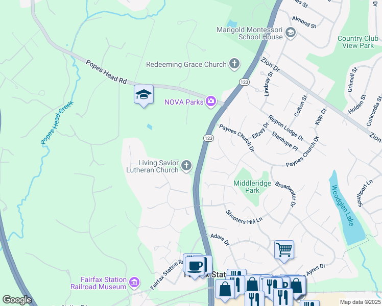 map of restaurants, bars, coffee shops, grocery stores, and more near 5428 Ox Road in Fairfax Station