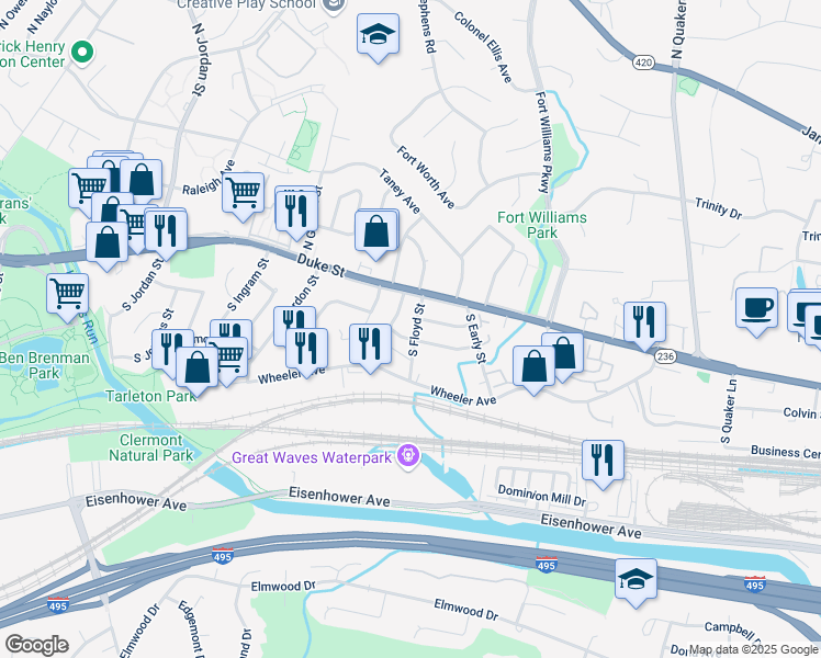 map of restaurants, bars, coffee shops, grocery stores, and more near 31 South Floyd Street in Alexandria