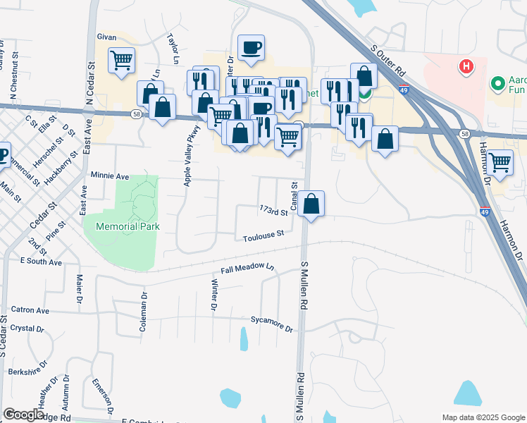 map of restaurants, bars, coffee shops, grocery stores, and more near 1101 173rd Street in Belton