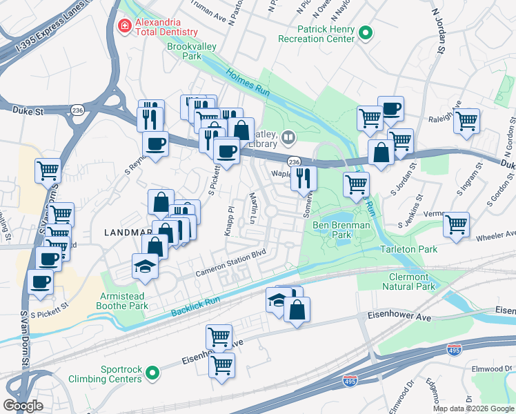 map of restaurants, bars, coffee shops, grocery stores, and more near 176 Martin Lane in Alexandria