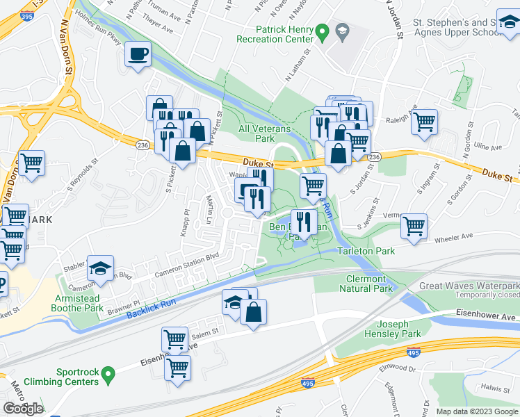 map of restaurants, bars, coffee shops, grocery stores, and more near 171 Somervelle Street in Alexandria