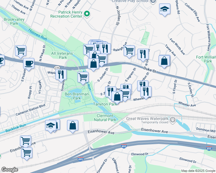 map of restaurants, bars, coffee shops, grocery stores, and more near South Jenkins Street in Alexandria
