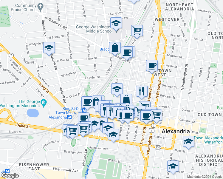 map of restaurants, bars, coffee shops, grocery stores, and more near 1608 Princess Street in Alexandria