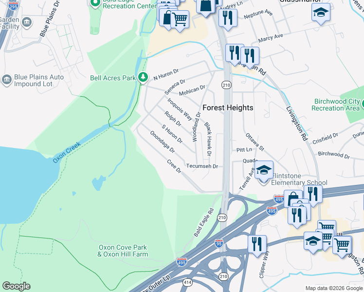 map of restaurants, bars, coffee shops, grocery stores, and more near 112 South Huron Drive in Oxon Hill