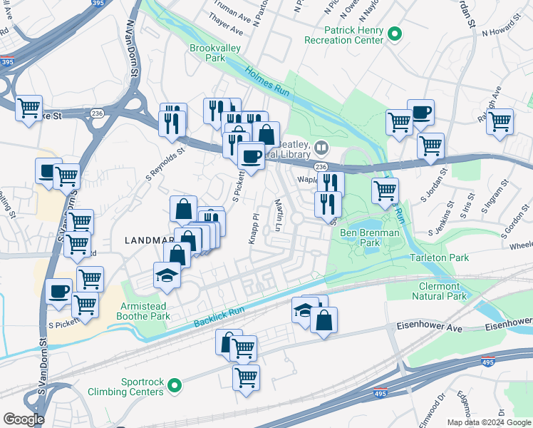 map of restaurants, bars, coffee shops, grocery stores, and more near 5116 Donovan Drive in Alexandria