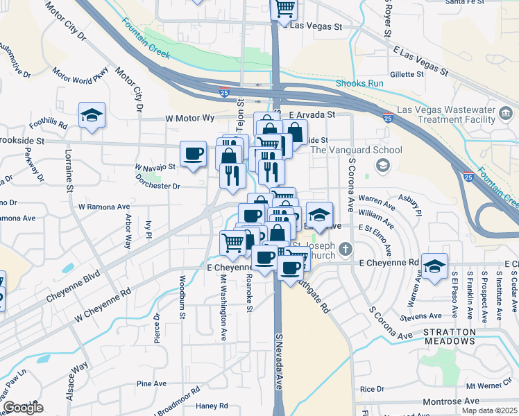 map of restaurants, bars, coffee shops, grocery stores, and more near 125 East Ramona Avenue in Colorado Springs