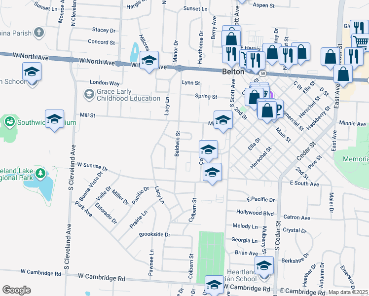 map of restaurants, bars, coffee shops, grocery stores, and more near 210 West Walnut Street in Belton