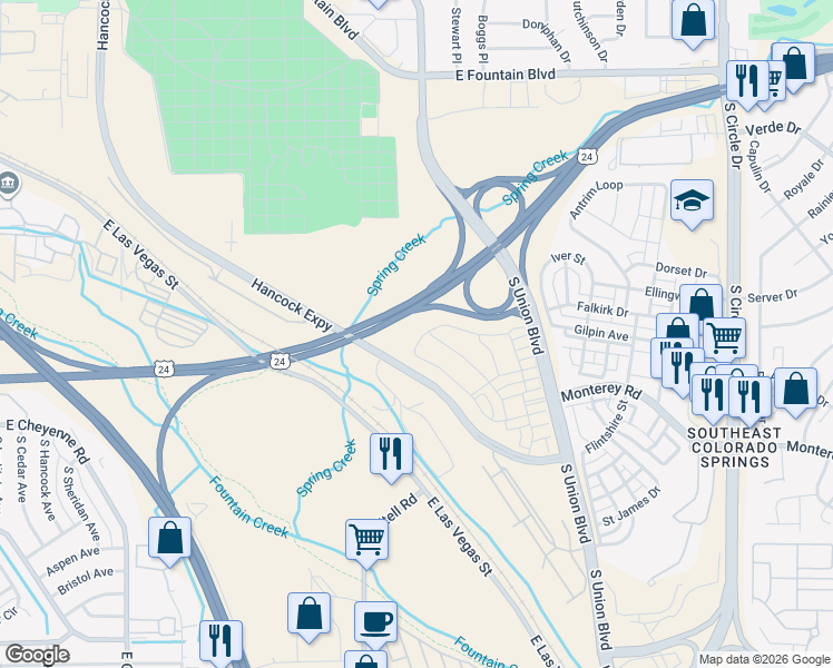 map of restaurants, bars, coffee shops, grocery stores, and more near 1576 Grand Overlook Street in Colorado Springs